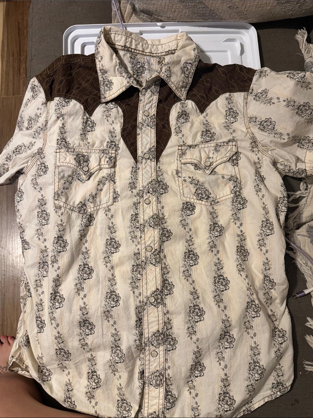 Arizona Jean Company Cream and Brown Western Snap-Front Shirt